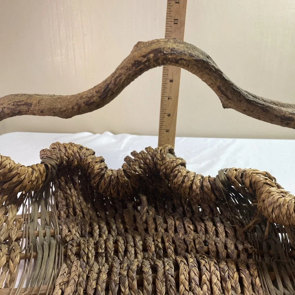 VTG Rustic Woven Basket Tree Branch Handle Boho Farmhouse Primitive Decor Cottag